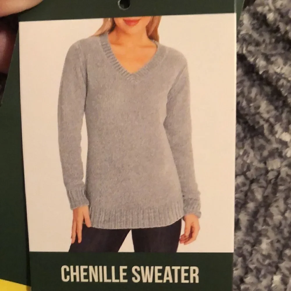 Orvis S Silver Gray Classic Collection Chenille Knit V-Neck Sweater